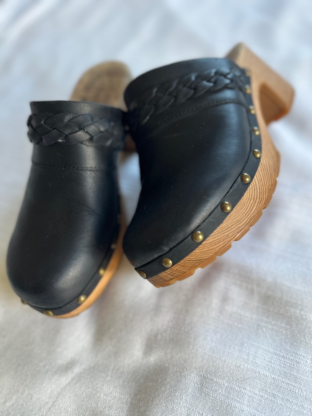 Kork-Ease Tilly Black Leather Platform Wood Clogs | 7